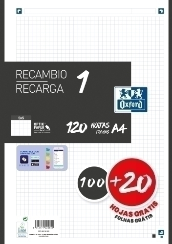 RECAMBIO OXFORD 400158165 OXFCLA A4 100+20H OP 5X5 CB NE