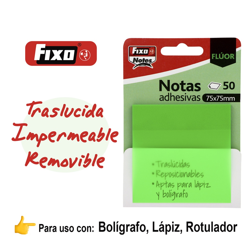 NOTAS FIXO 65007825 PACK 50 NOTAS ADH. 75X75MM TRANSLUCIDAS VERDE NEON