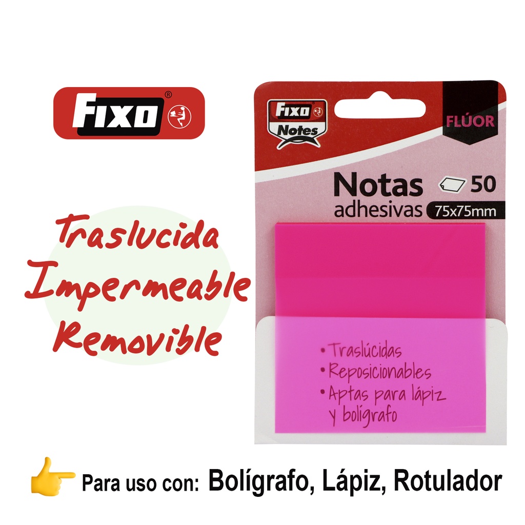 NOTAS FIXO 65007854 PACK 50 NOTAS ADH. TRANSLUCIDAS 75X75MM FUCSIA NEON