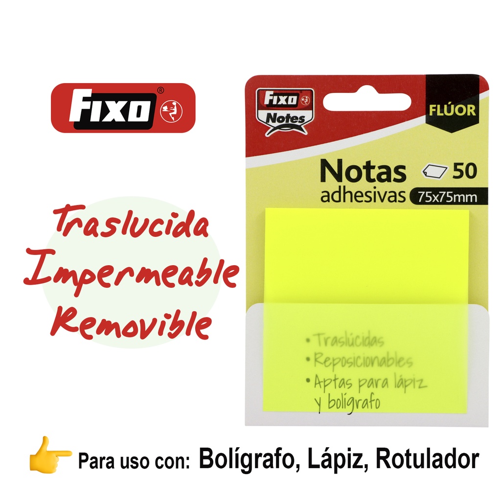 NOTAS FIXO 65007861 PACK 50 NOTAS ADH.TRANSLUCIDAS 75X75MM AMARILLO NEON