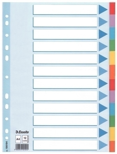 SEPARADORES ESSELTE 100194 12 PESTAÑAS A4 CARTON 200 G, 