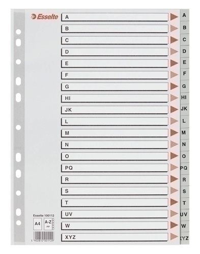 ABECEDARIOS ESSELTE 100112 A-Z PP. A4 CARTULINA INDICE B/N GRIS