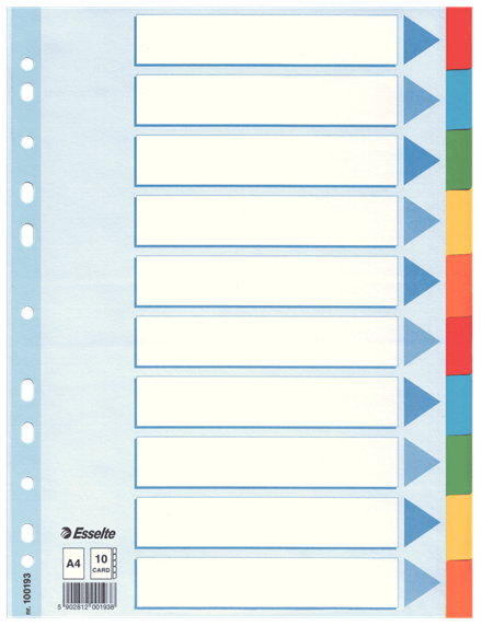 SEPARADORES ESSELTE 100193 10 PESTAÑAS A4 CARTON 200 G, 