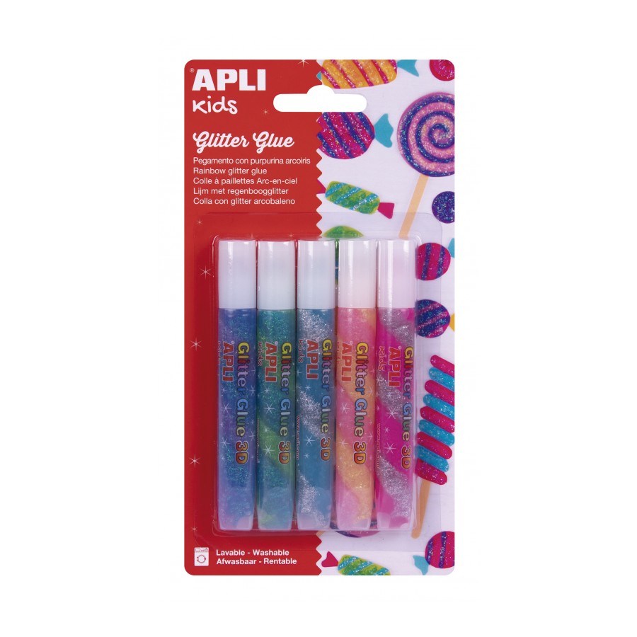 PEGAMENTO APLI 17611 GLITTER GLUE ARCOIRIS 3D 5 UNID.
