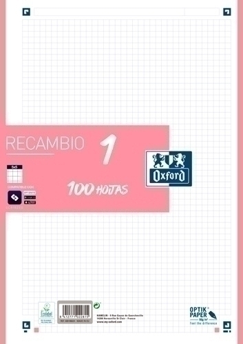 RECAMBIO OXFORD 400106624  1 A4  100H.5X5 ROSA CHICLE 90GRS