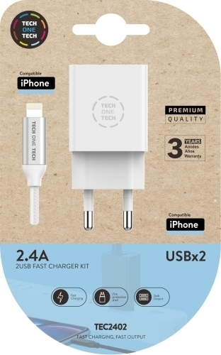 [TEC2402]  CARGADOR TEC2402 DOBLE PARED BLANCO + CABLE USB MICRO APPLE ALTO RENDIMIENTO 2,4A