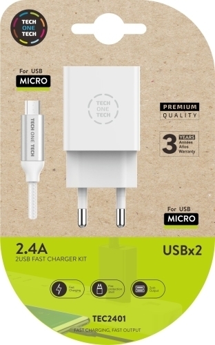 [TEC2401] CARGADOR TEC2401 DOBLE PARED BLANCO + CABLE USB MICRO ANDROID ALTO RENDIMIENTO 2,4A