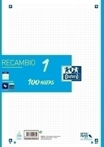[400106620] RECAMBIO OXFORD 400106620  1 A4  100H.5X5 TURQUESA 90GRS