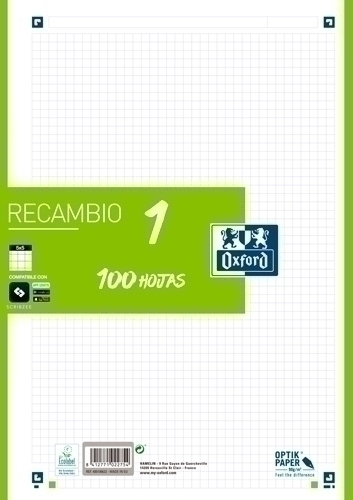 [400106622] RECAMBIO 1 A4 100 H. CUADR. 5X5 90 grs. OXFORD 400106622 SCHOOL T. BLANDA VERDE