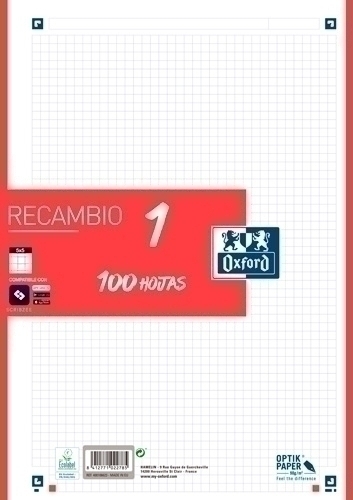 [400106623] RECAMBIO OXFORD 400106623  1 A4  100H.5X5 ROJO 90GRS