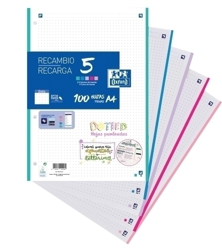 [400162337] RECAMBIO OXFORD 400162337 SCHOOL A4 100h 90gr 4 TALADROS DOTS (5 colores PASTEL en banda)