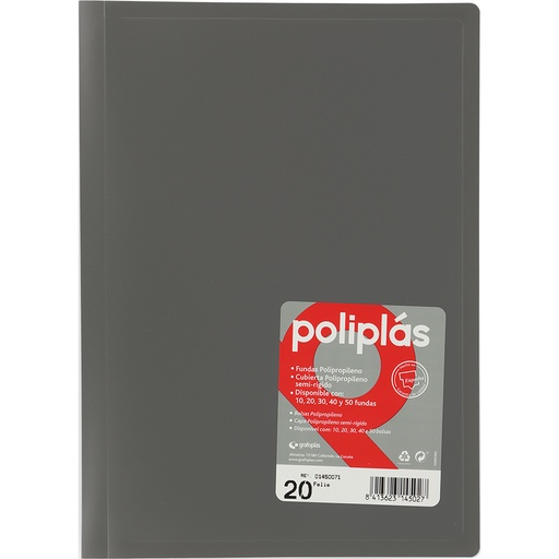 [01450071] CARPETAS CON FUNDAS GRAFOPLÁS 01450071 POLIPLAS 20 FUNDAS FOLIO GRIS