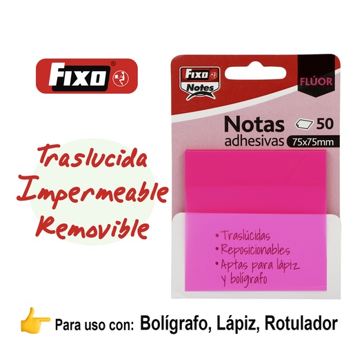 [65007854] NOTAS FIXO 65007854 PACK 50 NOTAS ADH. TRANSLUCIDAS 75X75MM FUCSIA NEON
