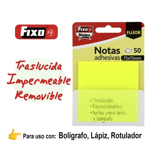 [65007861] NOTAS FIXO 65007861 PACK 50 NOTAS ADH.TRANSLUCIDAS 75X75MM AMARILLO NEON