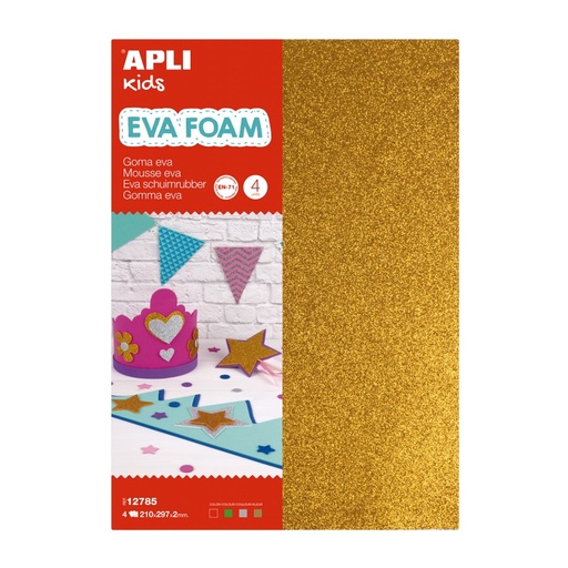[12785] GOMA EVA APLI 12785 A4 PLATA, ORO, ROJO, VERDE PURPURINA 4UN