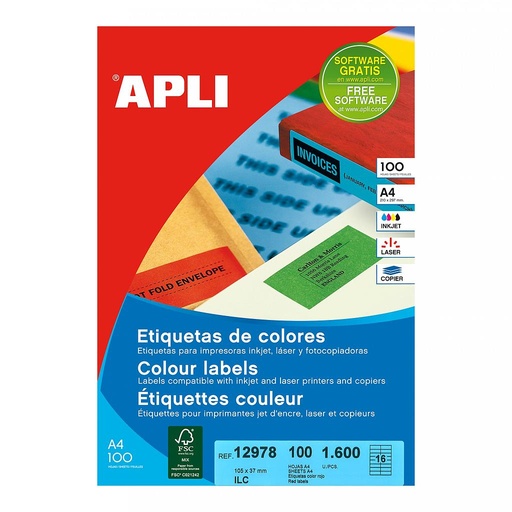 [12978] ETIQUETAS APLI 12978 105,0X 37,0 100H ROJO A4