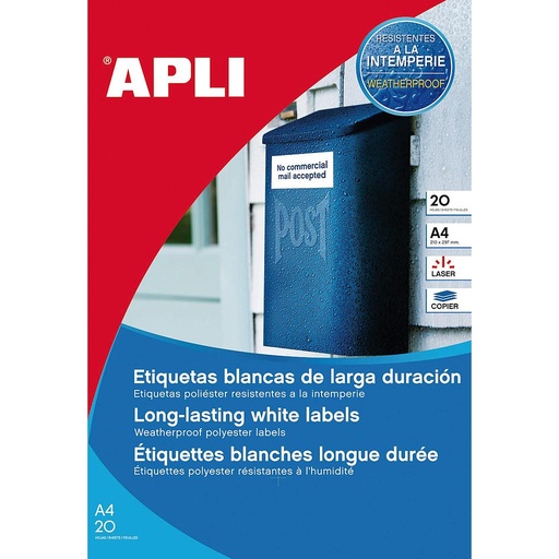 [1227] ETIQUETAS APLI 1227 105,0X148,0 20H POLIESTER BLANCA LASER COPY A4