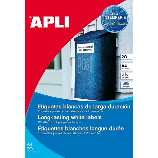 [12113] ETIQUETAS APLI 12113 99,1X 38,1 20H POLIESTER BLANCA LASER COPY A4