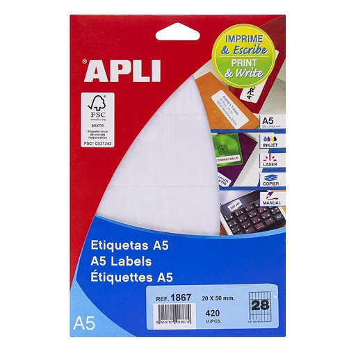 [1867] ETIQUETAS APLI 1867 20,0X 50,0 15H A5