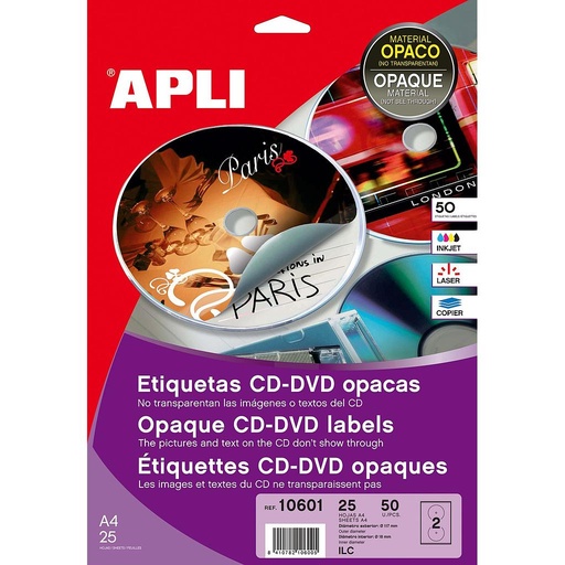 [10601] ETIQUETAS APLI 10601 Ø 117 CD MEGA 25 H DORSO OPACO A4