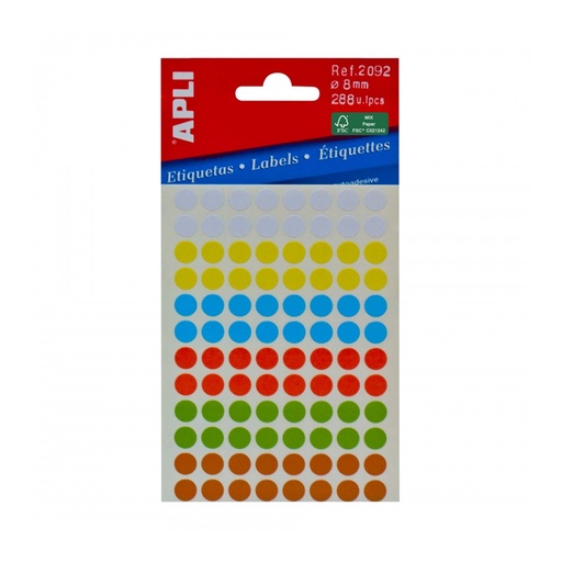 [2092] ETIQUETAS APLI 2092 Ø 8 COLORES SURTIDOS MINI BOLSA 288 UN