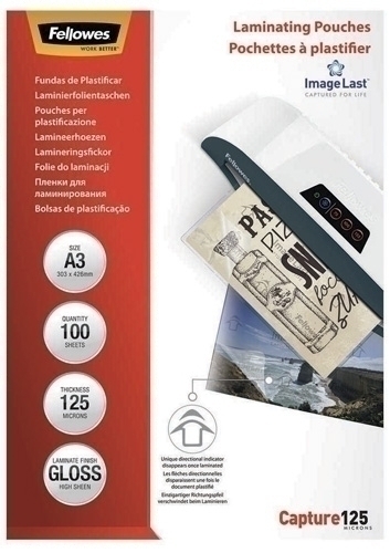 [5307506] FUNDA PLASTIFICAR 303x426 (A3) 125µ FELLOWES 5307506 BRILLO PAQUETE de 100