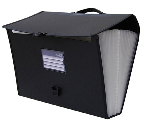 [42469] CLASIFICADOR ACORDEON OFFICE BOX 42469 PP 385x290mm 24 DPTOS.MALETIN con ASA LOMO 70mm NEGRO